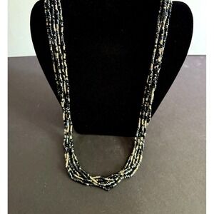 Vintage Shiny Black and Chrome Necklace Many Strand Stone Seed Bead Jewelry 24"